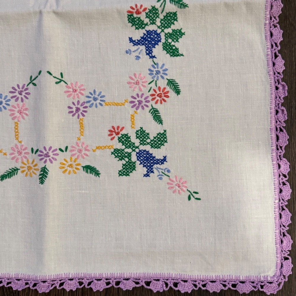 Vintage 42 X 19 Embroidered Floral Cross Stitch Table Runner Purple Crochet Trim